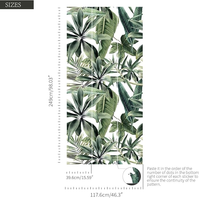 Tropical Peel and Stick Watercolor Green Leaves Wall Mural, Leather Textured Vintage Self-Adhesive Wallpaper for Accent Wall Decor, White Background, 46.3'' x 98.03'' - Image 3