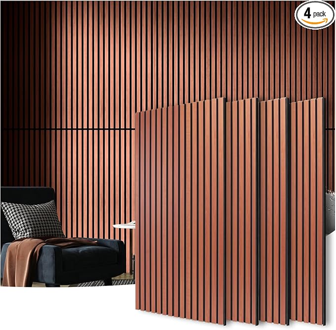 Art3d 4 Pack 47.2 x 23.6in. Wood Slat Acoustic Panels for Wall and Ceiling - 3D Fluted Sound Absorbing Panel with Wood Finish - Cherry by Art3d