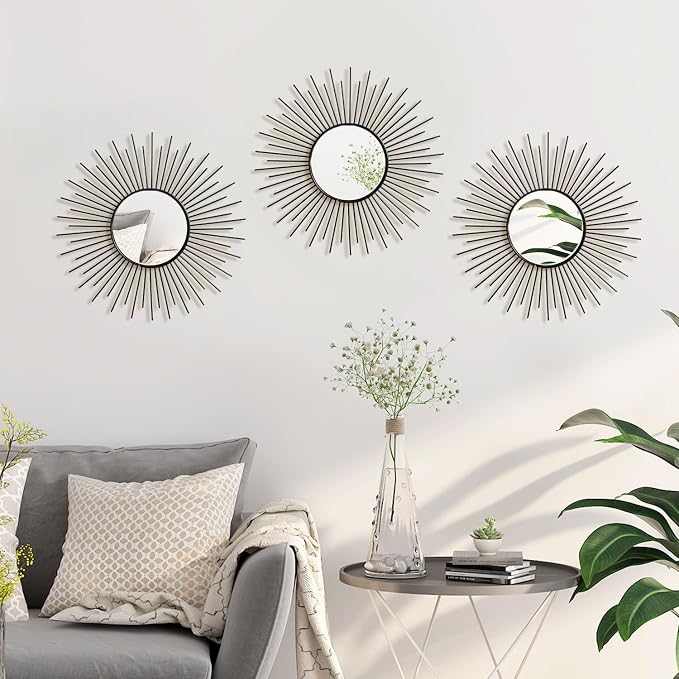 3 Pack Metal Mirrors for Wall Sunburst Wall Mirrors Home Décor Decorative Hanging Wall Art for Living Room Bedroom Entryway (Black2, Sunburst) - Image 6