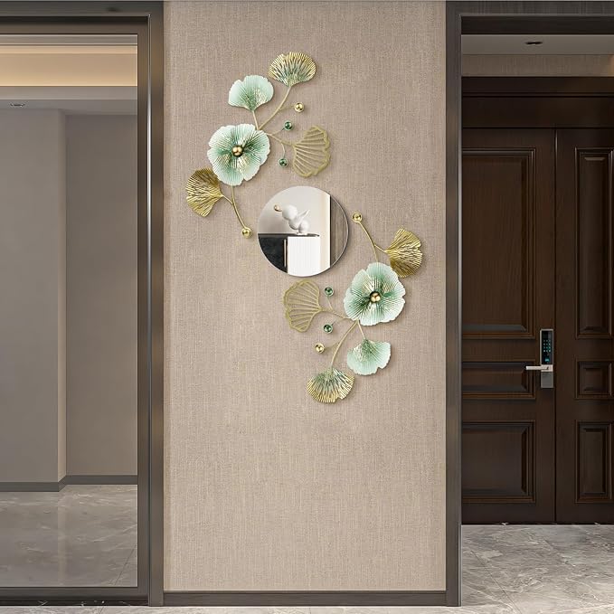 Tandefio 3 Pcs Metal Decorative Wall Mirrors for Living Room Metal Ginkgo Leaf Mirror Modern Creative Wall Decor Art Hanging Decor Mirror for Entrance Bedroom Living Room (Gold Green,16.inches) by Tandefio