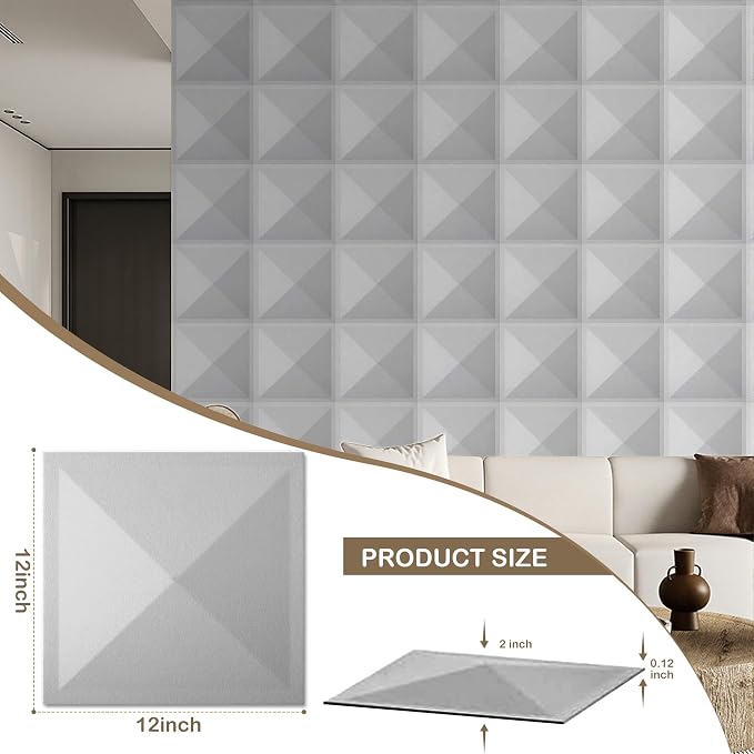 12 Pack 3D Wall Panels for Interior Wall Decor, Accent Wall Panels for Office Living Room Bedroom Hotel Lobby, 12''x12'' PVC Pyramid Wallpapers Cover 12.Sq.Ft（Gray） - Image 2