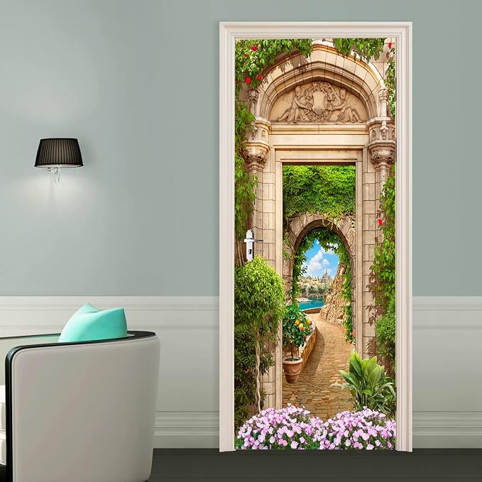 artfanke 3D Beautiful Garden Arch Peel and Stick Door Sticker 33.5"x84.6"-Self-Adhesive Door Murals Wallpaper - Wall Decal for Living Room Bedroom Decor (2 Sheets/Set) - Image 5