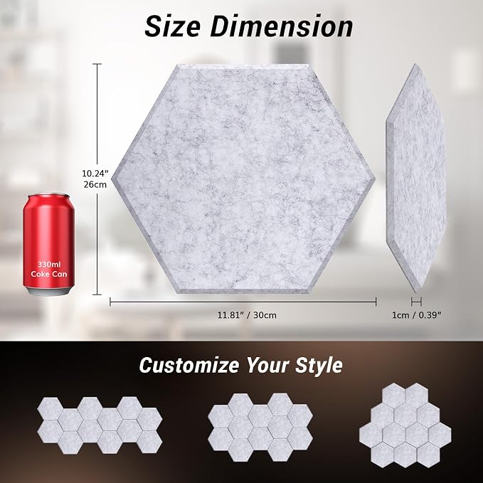 18 Pack Hexagon Acoustic Panels, TONOR 12"x 10"x 0.4" High Density Sound Proof Panels for Walls, Sound Dampening Insulation Treatment Wall Panels, Sound Absorbing Padding for Studio, Office, Home Grey - Image 5