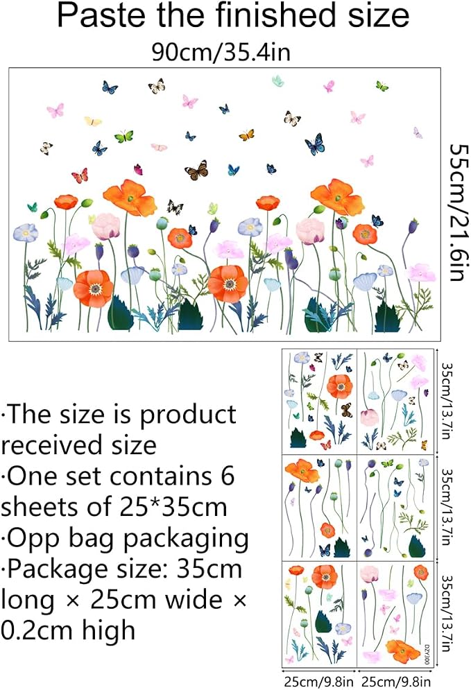 6 Pieces Flowers Wall Decals Vinyl Flowers Wall Stickers Removable Floral Murals Peel and Stick Colorful Flower Decor for Girls Bedroom Living Room Nursery (Orange) - Image 2