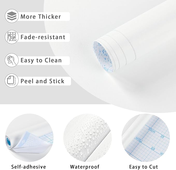 Yasinet Peel and Stick Wallpaper White Wallpaper White Contact Paper Waterproof Self Adhesive Removable Wall Paper Decorative for Wall Bedroom Vinyl Vinyl Film 17.7" x197" - Image 2