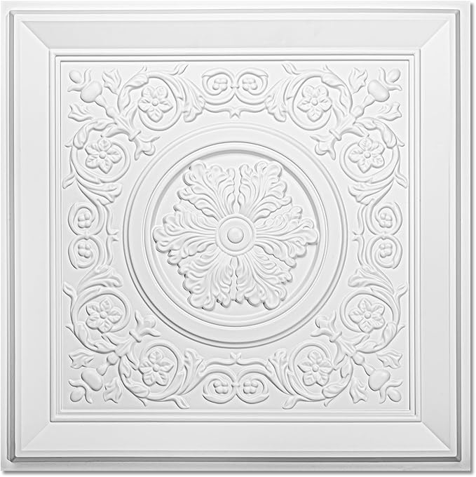 WOWSTAR 12-Pack 24"x24" Drop Ceiling Tiles, Waterproof Glue up Vintage Style 3D Ceiling Tiles, White | PVC ceiling panels, 24"x24", waterproof, glue-up install, basement kitchen bathroom, 12-pack by WOWSTAR