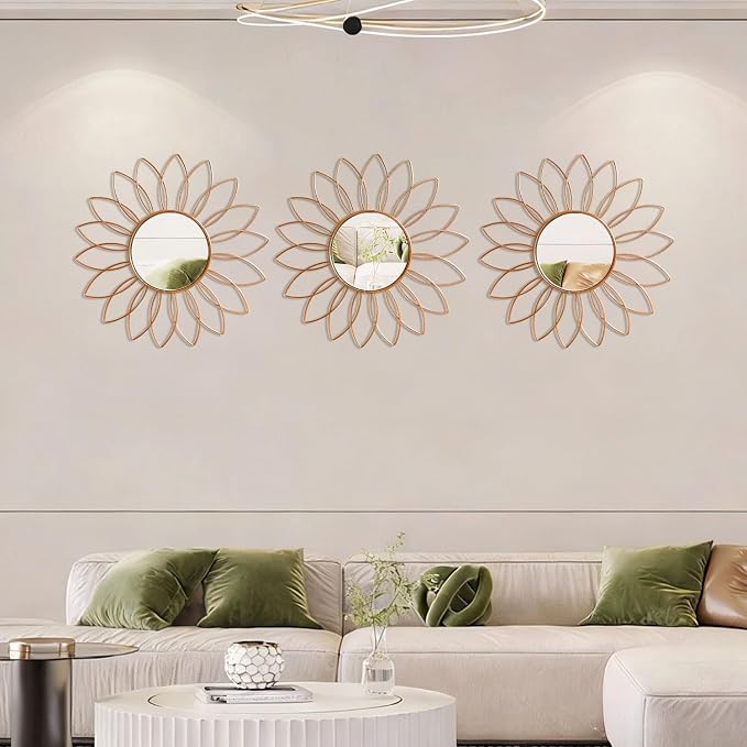 3 Pack Metal Mirrors for Wall Sunburst Wall Mirrors Home Décor Decorative Hanging Wall Art for Living Room Bedroom Entryway (Rose Gold2, Flowers) - Image 6