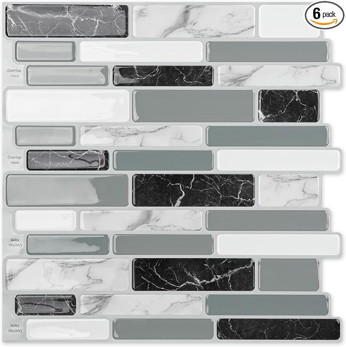Art3d 6-Pack Peel and Stick Backsplash Wall Tile, 12 x 12 Inch, Marble Grey | Strong Adhesion, Lightweight, Cuttable, Waterproof, Fadeless, Crack Resistant, for Kitchen, Bedroom, Ideal for Recently Moved by Art3d