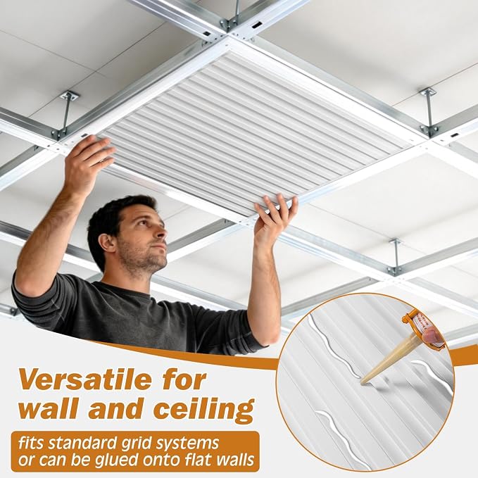 WOWSTAR 24-Pack 24"x24" Drop Ceiling Tiles, Waterproof Glue up PVC Ceiling Panels, Modern Style 3D Slat Wall Panels, White - Image 4
