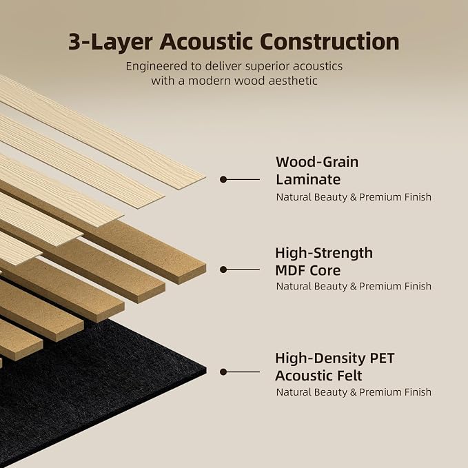 Vieshful 4-Pack Acoustic MDF Wood Slat Wall Panels for Flat & Curved Walls | 23.6"x47.2" Sound Absorbing Wall Panels for Living Room, Columns, TV Wall & Interior Decor, Natural Oak - Image 3