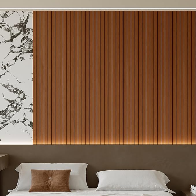 Yutianli PVC Slat Wall Panel Peel and Stick 236"x 15.7" Faux Wood Slat Panel Artificial Walnut Wood Grain Self-Adhesive Soundproof 3D Wall Panel for Walls and Ceilings - Image 3