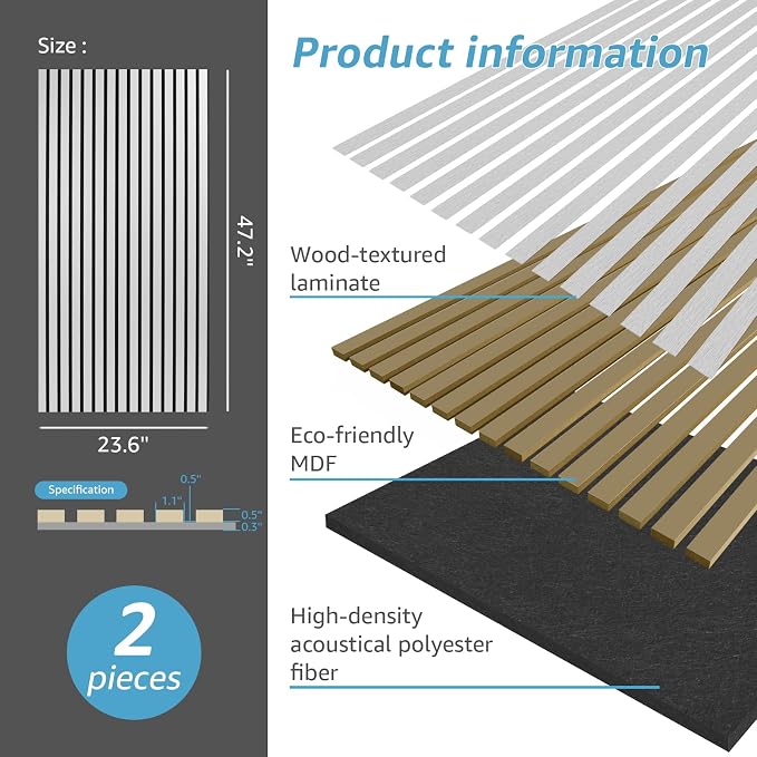 Art3d 2-Pack Fluted Acoustic Wood Slat Wall Panel, 47.2 x 23.6 Inch, Silver | Noise Control, Easy to DIY, Natural Texture, Sustainable Material, Ideal for Homeowners, Designers, for Living Room, Office - Image 5