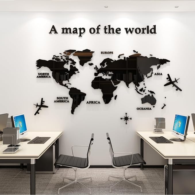 WINDIR 3D World Map Wall Stickers Decor Murals DIY Decal Black 71x40 inch, Acrylic Office Wall Art Decor Bedroom Living Room TV wall (Black: 180x100 cm) Large by WINDIR