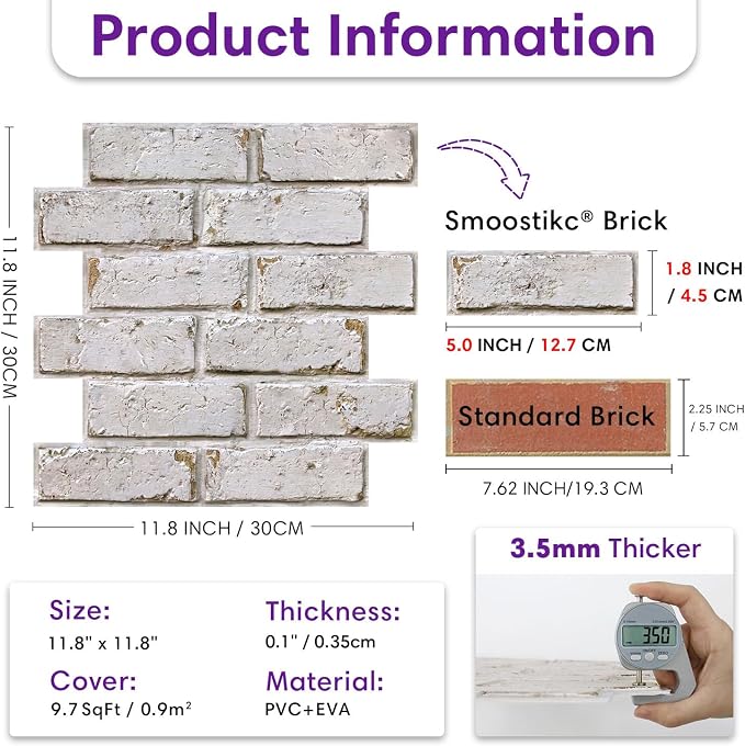 3D Faux Brick Wall Panels Peel and Stick, Designed for Quick DIY | Warm Whitewash, 10 Pcs 11.8" x 11.8", Small Brick-Look, Ultra-Light PVC Fake Brick Covering for Wall Decor, Cover 9.7 sq ft - Image 3