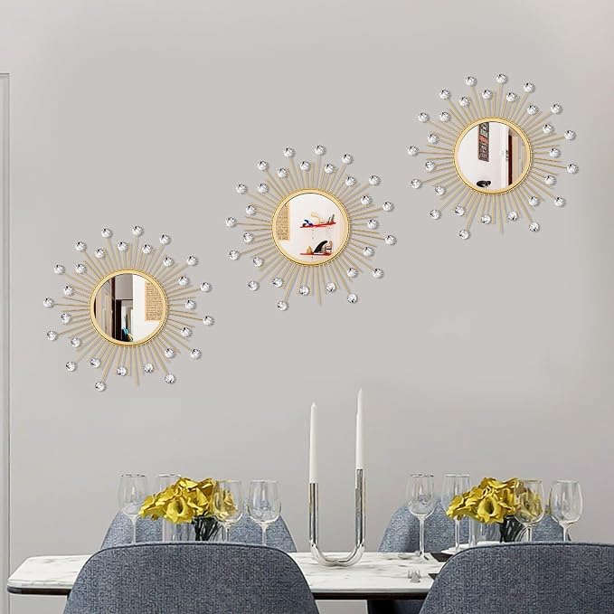 3 Pack Metal Mirrors for Wall Sunburst Wall Mirrors Home Décor Decorative Hanging Wall Art for Living Room Bedroom Entryway (Gold Crystal, Sunburst) - Image 4