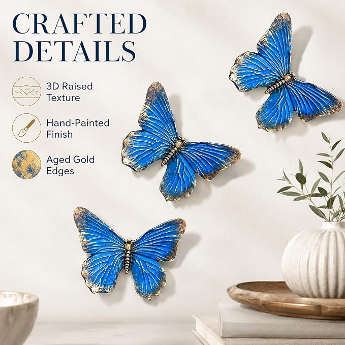 GUSFREUD 3D Butterfly Wall Decor Set – Resin Wall Decor for Living Room, Bedroom, Bathroom, Dining Room, Outdoor and Gallery Walls - Antique Blue - Set of 3 - Image 4
