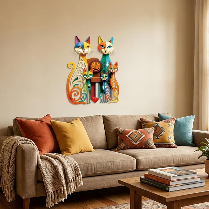 Wesiti Cat Wall Art Colorful Metal Sculpture, Mid Century 5 Cats Iron Decor | Atomic Retro Design for Feline Enthusiasts, Geometric Style Adds Flair in Living Room Bedroom, 12.6 X 15.7 Inches - Image 5