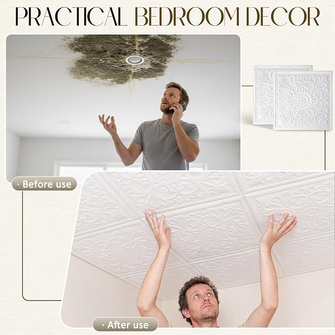 Nuanchu 40 Pcs 13.8 x 13.8 Inch Ceiling Tiles Peel and Stick, Flower | Foam White 3D Wall Panels 26-105.5 Sq. ft Adhesive Glue up Waterproof Wallpaper for DIY Office Home - Image 4