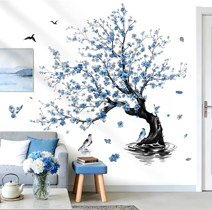 decalmile Blue Flower Tree Cherry Blossom Tree Wall Decals Stickers (XL) - Image 3
