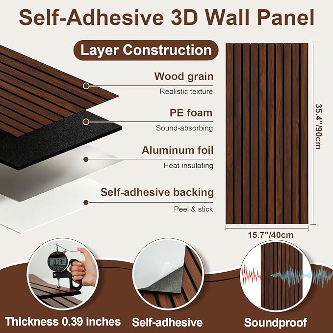 Safiyya 3-Piece 3D Thick Wood Slat Wall Panels for Interior Wall Decor 15.7 "x35.4", Self-Adhesive Acoustic Wall Panels for Stylish Decor and Noise Reduction, Walnut - Image 2