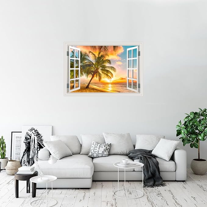 Fake Window Wall Decal- Summer Beach Ocean Coconut Trees Open Art Sticker | Faux Window Natural Scenery Landscape Mural ｜ Stick and Peel Wall Decals｜Room Bedroom Office Decor｜Large Murals 66"x48" - Image 7