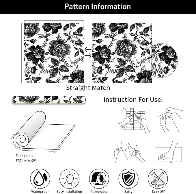 Black and White Peony Floral Rose Vintage Flowers Modern Peel and Stick Wallpaper Wall Decor Self Adhesive Wall Paper Stick on Easy Peel Off Contact Paper for Renter Bedroom Apartment - Image 7