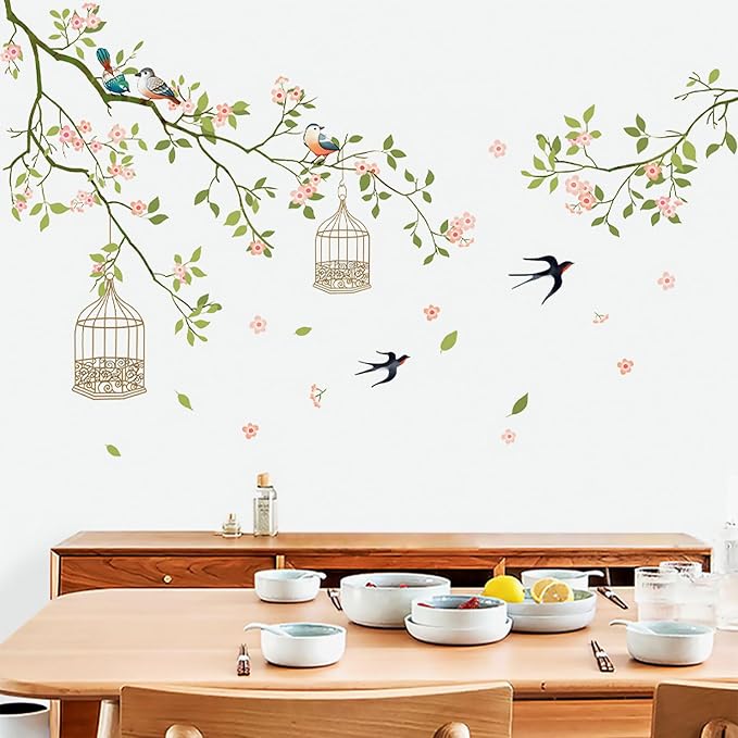 Arawat 2 Set Cherry Blossom Peel and Stick Wall Decals - Flower Bird Tree Stickers, Large Floral Murals for Living Room, Bedroom, Bathroom - Roommates Vinyl Art - Image 4