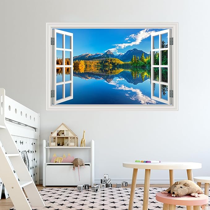 Fake Window Wall Decal- Summer Mountains Lake Forest Open Art Sticker | Faux Window Natural Scenery Landscape Mural ｜ Stick and Peel Wall Decals｜Room Bedroom Office Decor｜48"x32",Set of 2 Sheets - Image 8