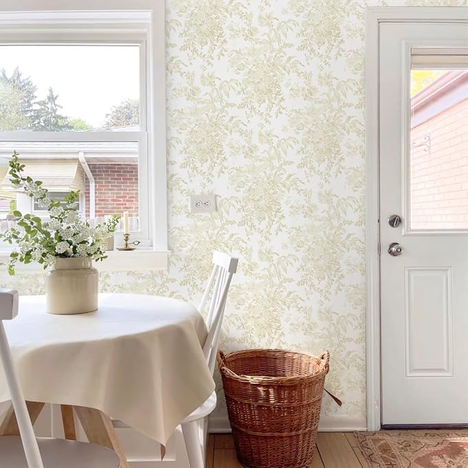 Heroad Floral Peel and Stick Wallpaper Boho Beige Contact Paper Toile Leaf Wall Paper Removable Self Adhesive Stick on Wallpaper for Nursery Bathroom Bedroom Renter Friendly Vinyl Roll 17.3''X78.7'' - Image 2