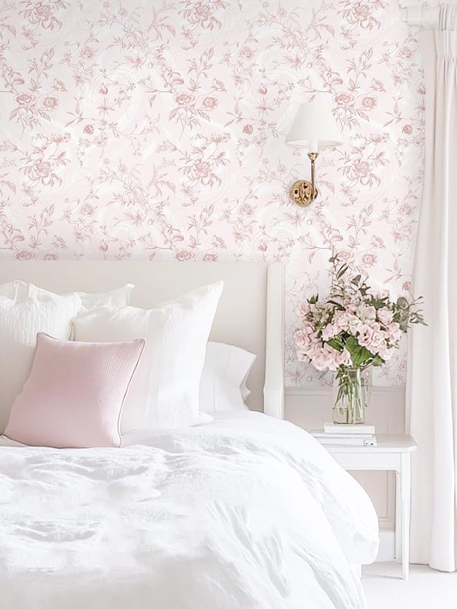 Dimoon Peel and Stick Wallpaper Pink Floral Contact Paper Pink Vintage French Renter Friendly Wallpaper 17.3''x394'' Textured Stick on Wall Paper for Bathroom Bedroom Cabinets Removable Vinyl Roll - Image 6