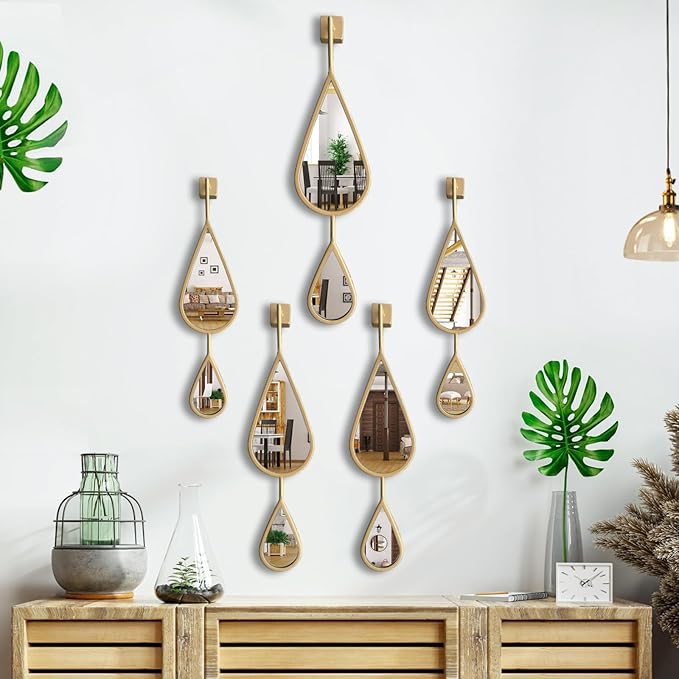 BAODANFU Wall Mirror Decorative Mirrors Mounted Decor Tear Drop Shape Gold for Bedroom Living Room Entryway Bathroom Vanity Brassy Gold Metal Frame, 5-Pack Mirrors Set by BAODANFU