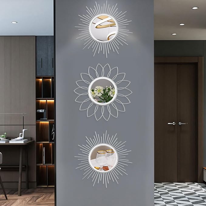 3 Pack Metal Mirrors for Wall Sunburst Wall Mirrors Home Décor Decorative Hanging Wall Art for Living Room Bedroom Entryway (Silver, Flower+Sunburst) - Image 4