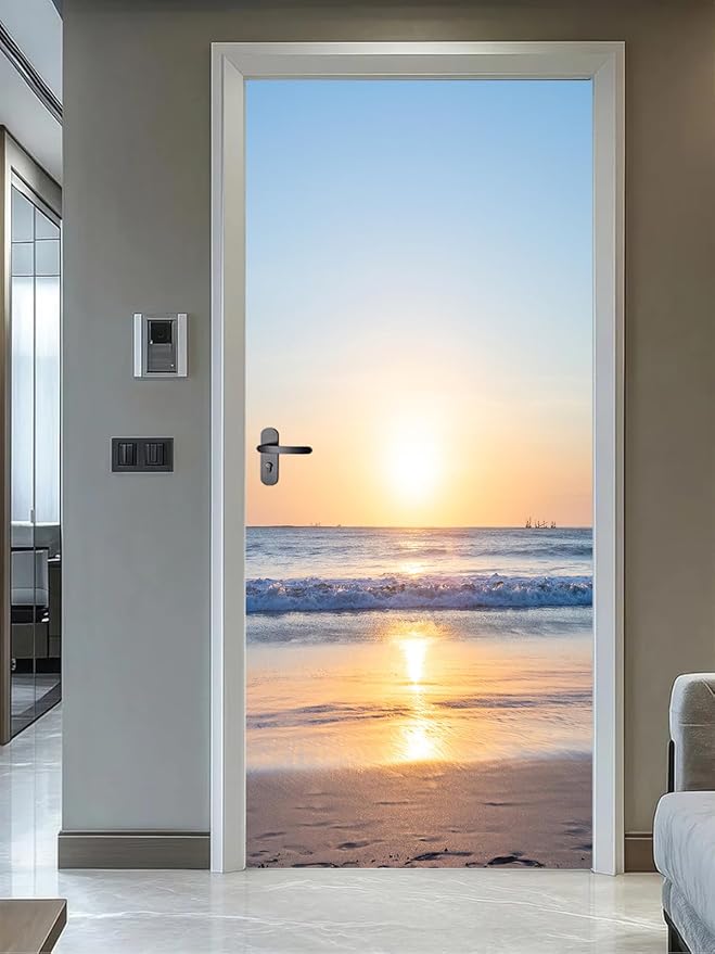 artfanke 3D Sunrise Ocean Door Sticker Peel and Stick 30.3"x78.7"- Self-Adhesive Door Murals Wallpaper Decal for Living Room Bedroom Decor(2 Sheets/Set) by artfanke