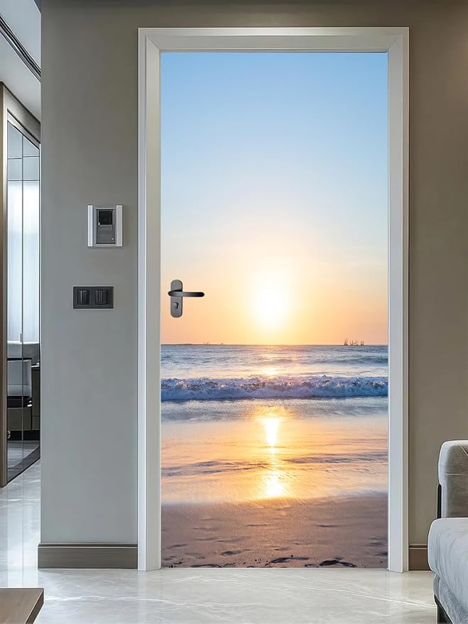 artfanke 3D Sunrise Ocean Door Sticker Peel and Stick 33.5"x84.6"- Self-Adhesive Door Murals Wallpaper Decal for Living Room Bedroom Decor(2 Sheets/Set) by artfanke
