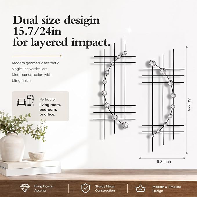 ZEXUIRU 2 Pcs Abstract Metal Art for Wall Decor Living Room Bedroom Bathroom Office Metal Bling Modern Geometric Hanging Vertical Small Iron Sculpture Plaque Pack -Black 24in - Image 3