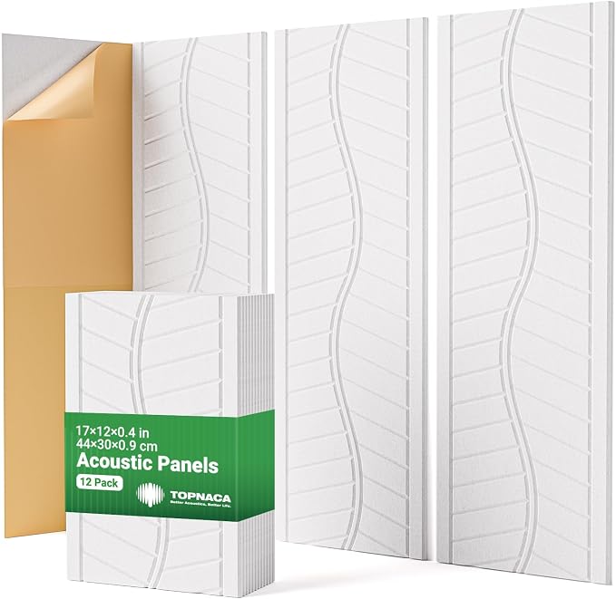 12 Pack Acoustic Wall Panels Sound Absorbing for Recording Studio, Self-Adhesive Leaf Textured Decorative White Art Ceiling Tiles - Acoustical Treatments for Home Gaming Room Door 17"×12"×0.4" by Topnaca