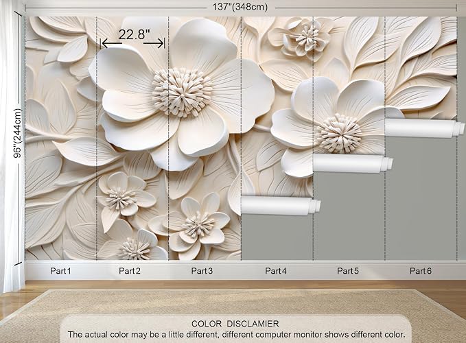 3D Relief Floral Peel and Stick Mural Wallpaper Magnolia Wall Mural | 137"x96", Self Adhesive Canvas, for Bedroom Living Room Bathroom, Seamless, No overlapping - Image 3