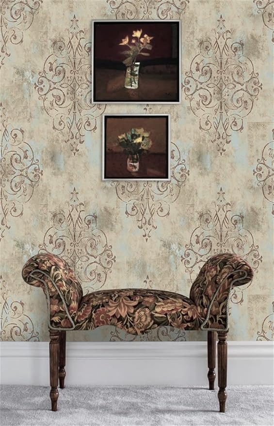 HAOKHOME Vintage Wallpaper Peel and Stick French Country Victorian Damask | Textured Removable Retro Wall Paper Waterproof Mist Blue Brown Traditional Farmhouse Elegant Bathroom Bedroom 17.3in x 9.8ft - Image 3
