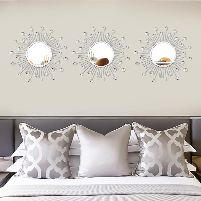3 Pack Metal Mirrors for Wall Sunburst Wall Mirrors Home Décor Decorative Hanging Wall Art for Living Room Bedroom Entryway (Silver Crystal, Sunburst) - Image 6