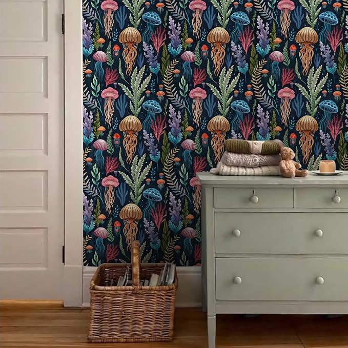 18"x236"Underwater Multicolor Jellyfish Ocean Peel and Stick Self Adhesive Wallpaper Removable Contact Paper Stick on Easy Peel Off Wall Paper for Kitchen Bedroom Bathroom Renter - Image 3