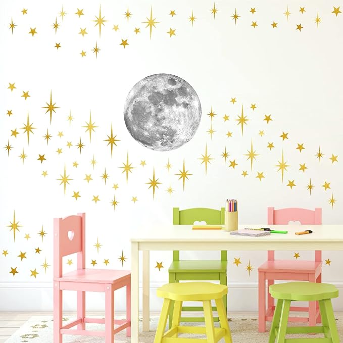 Retro Starburst Wall Decals Stars Wall Sticker Star Moon Vinyl Decal Golden | Celestial decor, sparkle wall stickers decoration, peel and stick, removable art mural, for girls bedroom living room nursery - Image 6