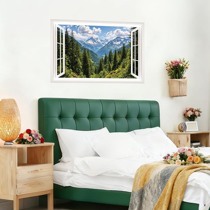 IARTTOP Fake Window View Wall Murals Stickers 33"x20.4" Snow Mountain Pine Forest Valley Landscape Wall Decal Art Large Nature Scenery Decals Decor for Bedroom Farmhouse Living Room - Image 2