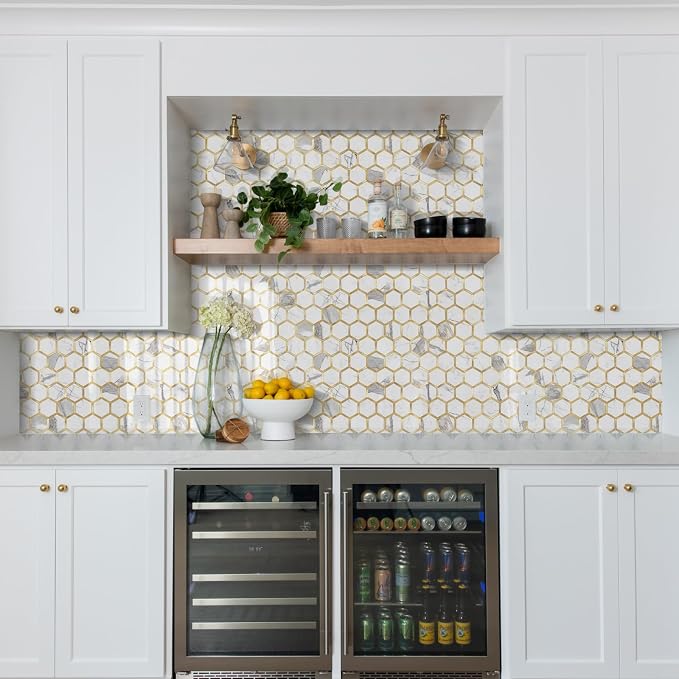 STICKGOO Hexagon Peel and Stick Backsplash Tile, Stick on Backsplash for Kitchen and Bathroom, Glossy Carrara White PVC Mixed Metal Gold Self Adhesive Wall Tiles(10 Sheets, Seamless) - Image 6