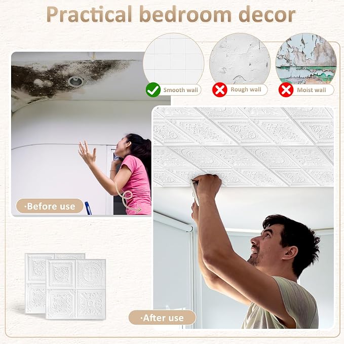 Nuanchu 40 Pcs 13.8 x 13.8 Inch Ceiling Tiles Peel and Stick, Various | Foam White 3D Wall Panels 26-105.5 Sq. ft Adhesive Glue up Waterproof Wallpaper for DIY Office Home - Image 4