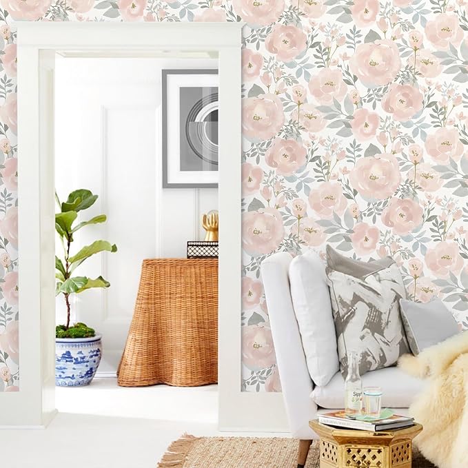 Orainege Peel and Stick Wallpaper Floral Wallpaper | 17.3in x196.8in Floral Contact Paper Peony Self Adhesive Removable Wallpapers for Bedroom Nursery Walls, Light Pink - Image 6