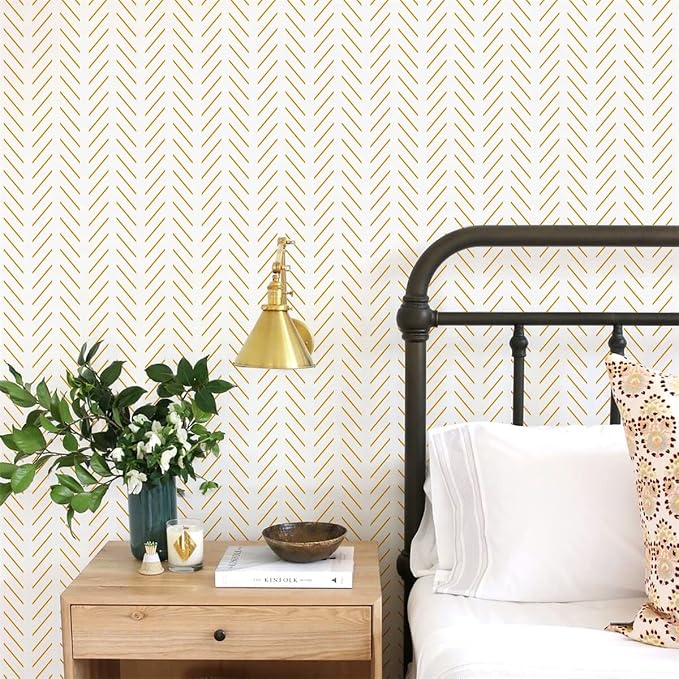 Orainege Peel and Stick Wallpaper Yellow and White Contact Paper | 17.7 in x393.7 in Herringbone Geometric Wall Paper Peel and Stick Modern Lines Decorative Self Adhesive Wallpaper for Bedroom - Image 2