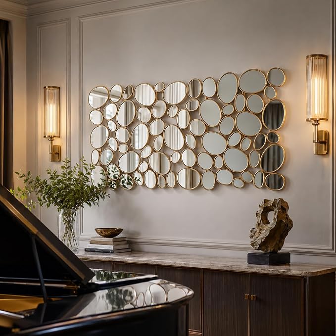 Gold Mosaic Wall Mirror, 27.55" x 55" Large Pebble Geometric Decorative Mirror with 71 Irregular Mirror Pieces, Modern Accent Wall Decor for Living Room, Entryway, Bedroom, Hallway - Image 4