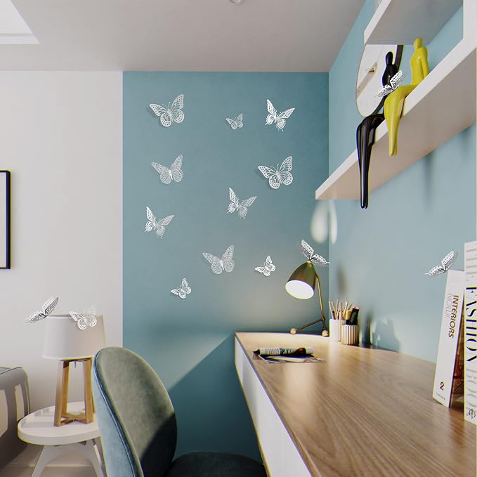 SAOROPEB 3D Butterfly Wall Decor, 48 Pcs 4 Styles 3 Sizes, Removable Metallic Wall Sticker Room Mural Decals for Kids Bedroom Nursery Classroom Party Decoration Wedding Decor DIY Gift (Sliver) | 4 Styles 3 Sizes, Removable Metallic Wall Sticker Mural D... - Image 4