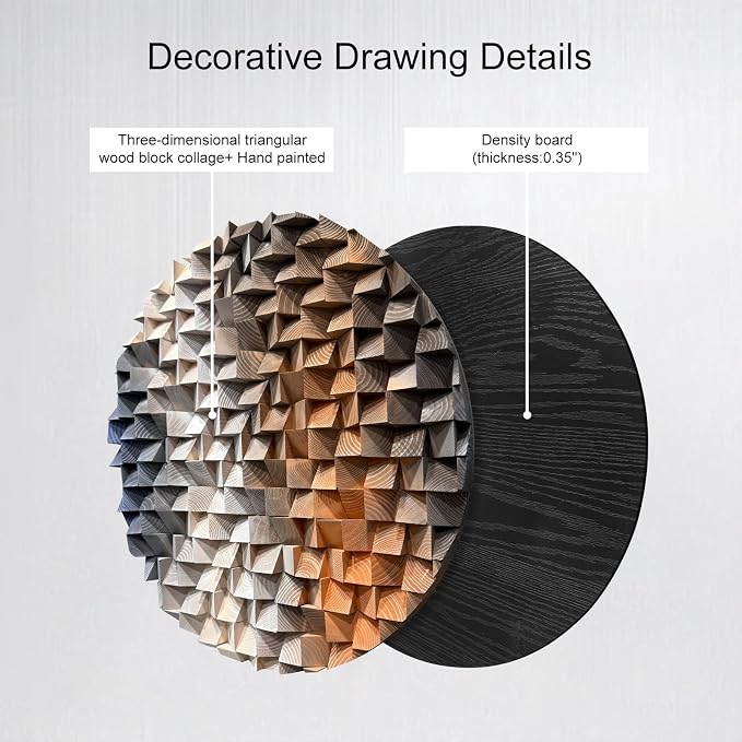 LIUZEYUE Large Round Wood Wall Art Featuring Sculptural Disc Texture | round 3D wall art; cool gray and rust, staggered mosaic surface; hotel lounge circular centerpiece; 47.2 in diameter - Image 3