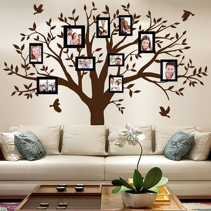 Giant Family Tree Wall Decals Photo Tree Wall Decals with Birds Wall Stickers for Living Room Nursery Bedroom Decoration (Coffee Brown) by MAFENT